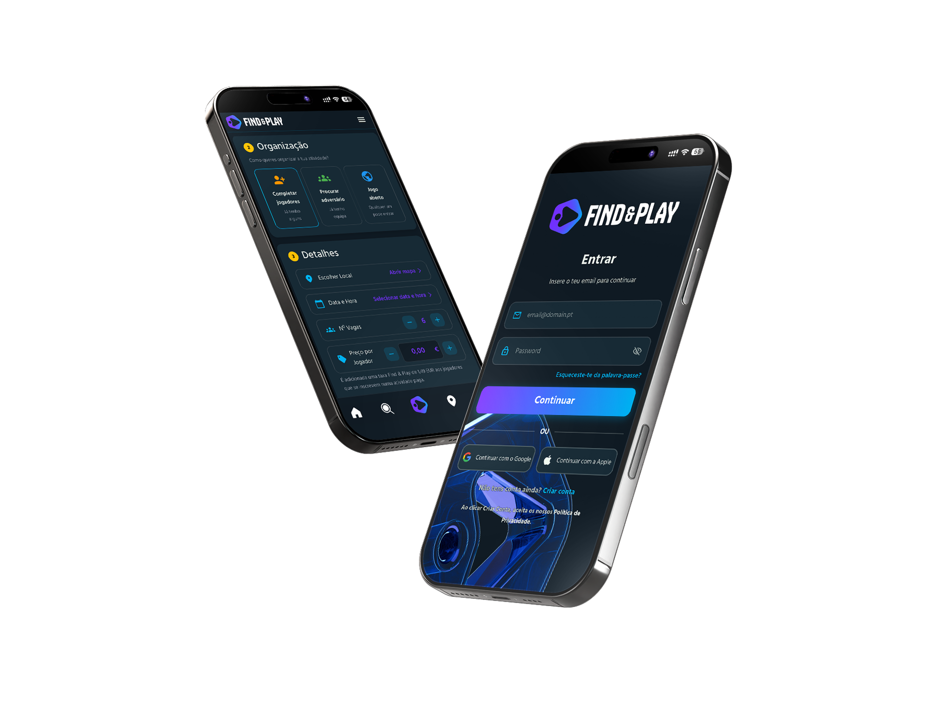 Mockups da aplicação Find & Play em dois iPhones